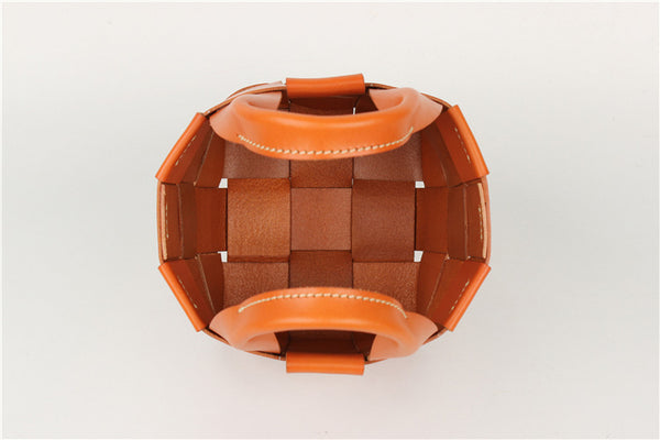 Vintage Womens Woven Genuine Leather Bucket Handbags Cross Shoulder Bag For Women Inside