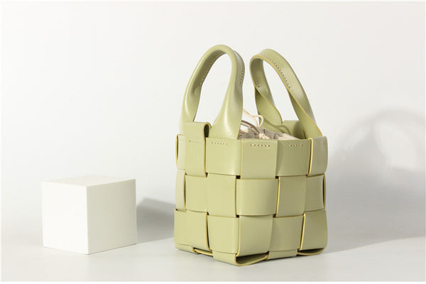 Vintage Womens Woven Genuine Leather Bucket Handbags Cross Shoulder Bag For Women Nice