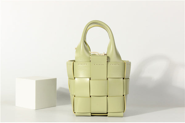 Vintage Womens Woven Genuine Leather Bucket Handbags Cross Shoulder Bag For Women Original