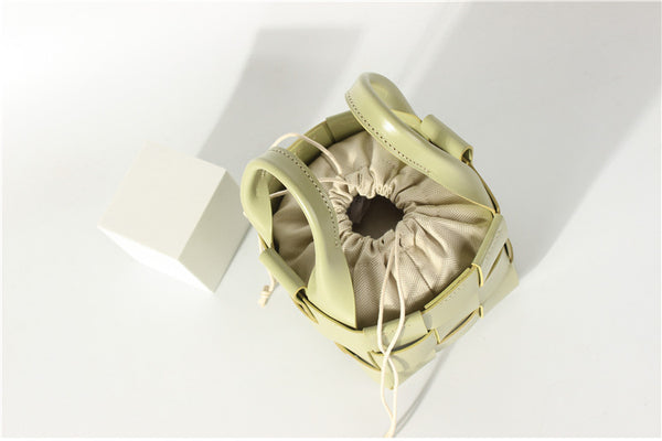 Vintage Womens Woven Genuine Leather Bucket Handbags Cross Shoulder Bag For Women Quality