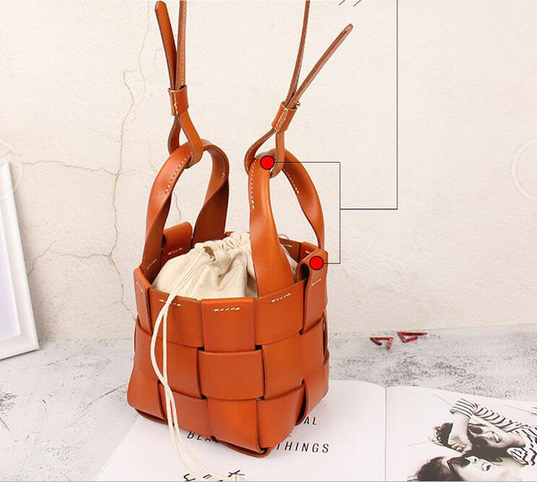 Vintage Womens Woven Genuine Leather Bucket Handbags Cross Shoulder Bag For Women Side