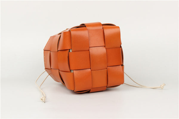 Vintage Womens Woven Genuine Leather Bucket Handbags Cross Shoulder Bag For Women Trendy