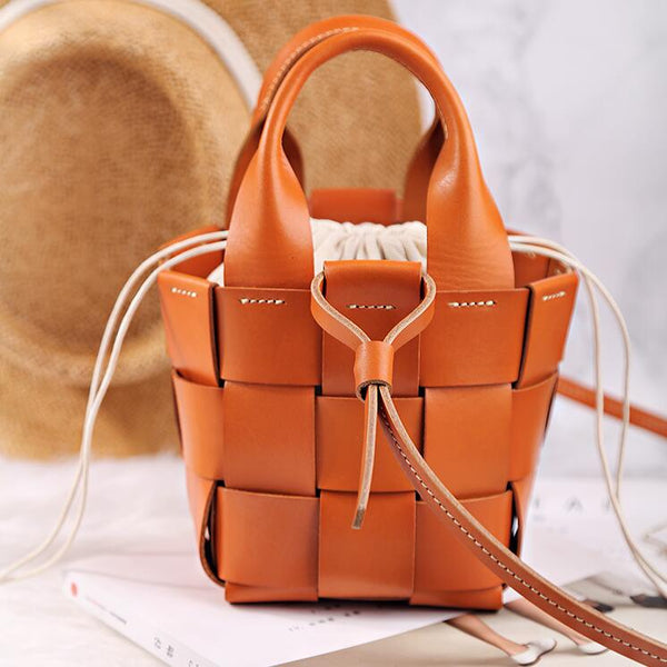Vintage Womens Woven Genuine Leather Bucket Handbags Cross Shoulder Bag For Women Unique