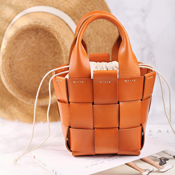 Vintage Womens Woven Genuine Leather Bucket Handbags Cross Shoulder Bag For Women Work-bag