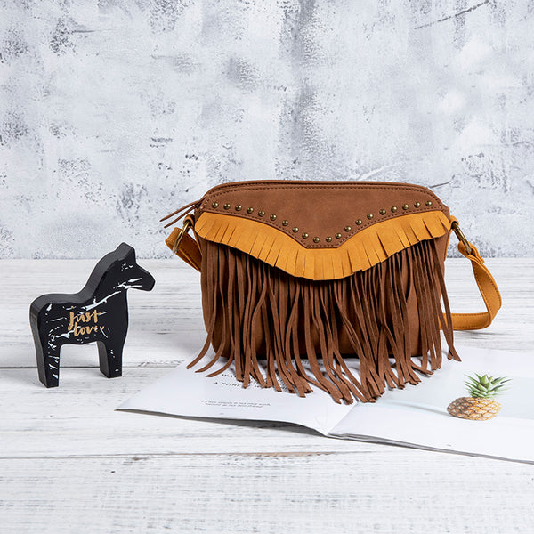 Western Boho Vegan Leather Fringe Crossbody Bag Purse Suede Tassel Bag for Women Beautiful