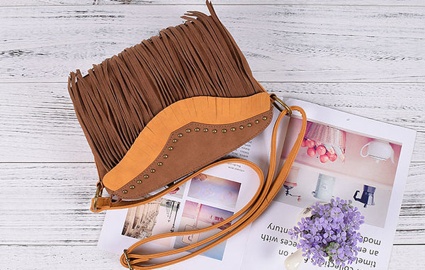 Western Boho Vegan Leather Fringe Crossbody Bag Purse Suede Tassel Bag for Women Brown