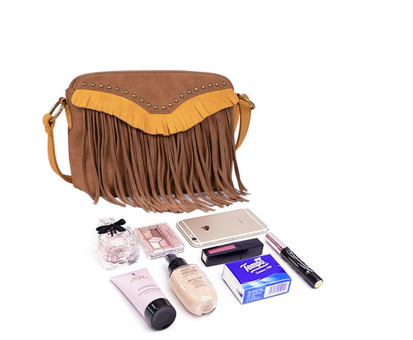 Western Boho Vegan Leather Fringe Crossbody Bag Purse Suede Tassel Bag for Women Cool
