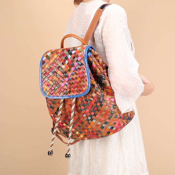 Western Ladies Woven Leather Backpack Purse Rucksack For Women
