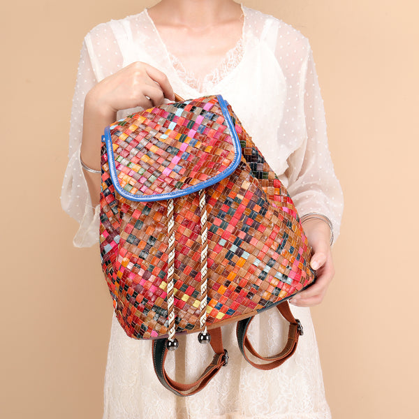 Western Ladies Woven Leather Backpack Purse Rucksack For Women Badass