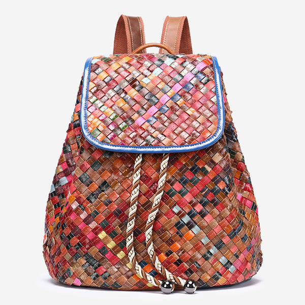 Western Ladies Woven Leather Backpack Purse Rucksack For Women Casual