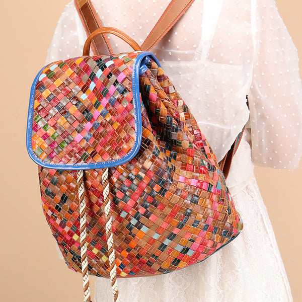 Western Ladies Woven Leather Backpack Purse Rucksack For Women Chic