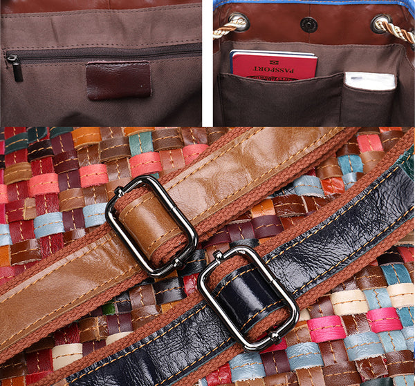 Western Ladies Woven Leather Backpack Purse Rucksack For Women Details