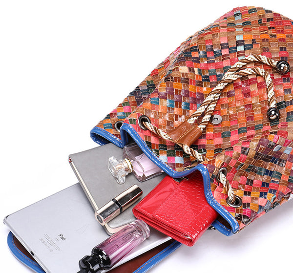 Western Ladies Woven Leather Backpack Purse Rucksack For Women Genuine Leather