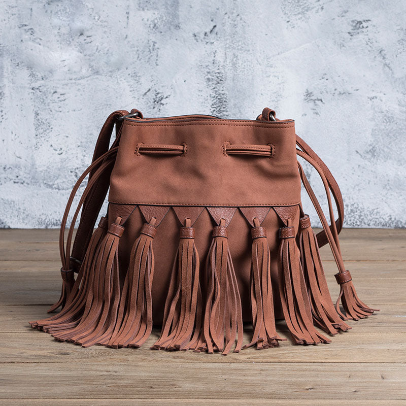 Western Womens PU Leather Crossbody Bucket Purse With Fringe  Bags for Women Affordable