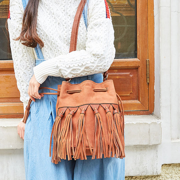 Western Womens PU Leather Crossbody Bucket Purse With Fringe  Bags for Women Beautiful