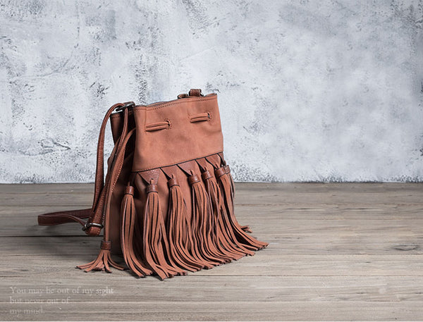 Western Womens PU Leather Crossbody Bucket Purse With Fringe  Bags for Women Cute