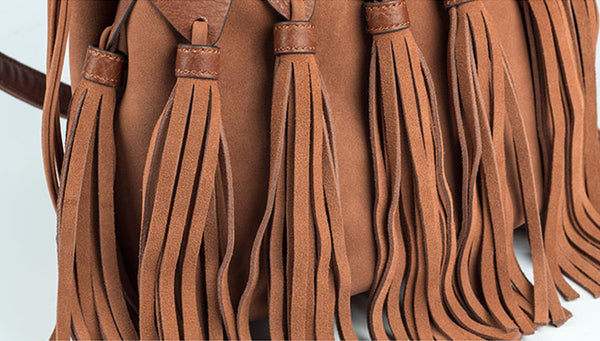 Western Womens PU Leather Crossbody Bucket Purse With Fringe  Bags for Women Genuine Leather