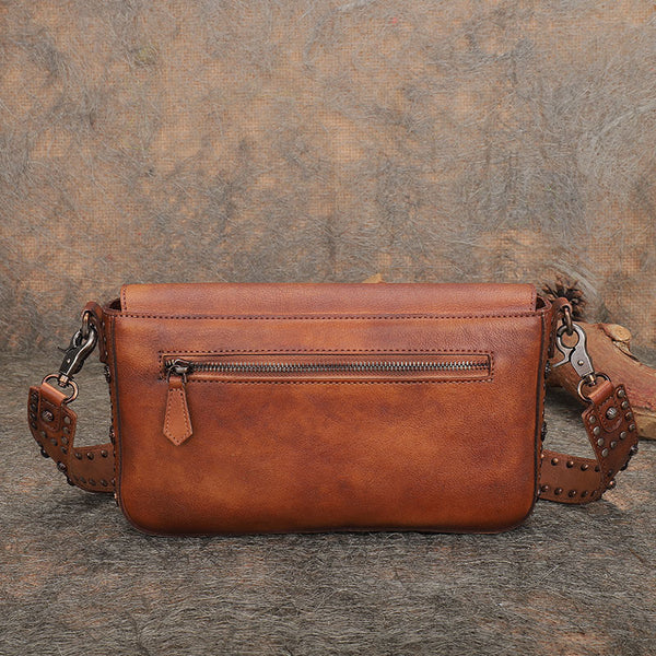Western Womens Rivet Leather Crossbody Satchel Bag Purse Cross Shoulder Bag for Women Brown