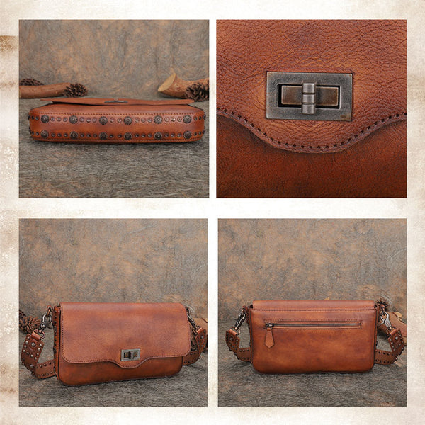 Western Womens Rivet Leather Crossbody Satchel Bag Purse Cross Shoulder Bag for Women Details