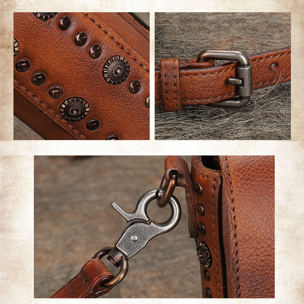 Western Womens Rivet Leather Crossbody Satchel Bag Purse Cross Shoulder Bag for Women Durable