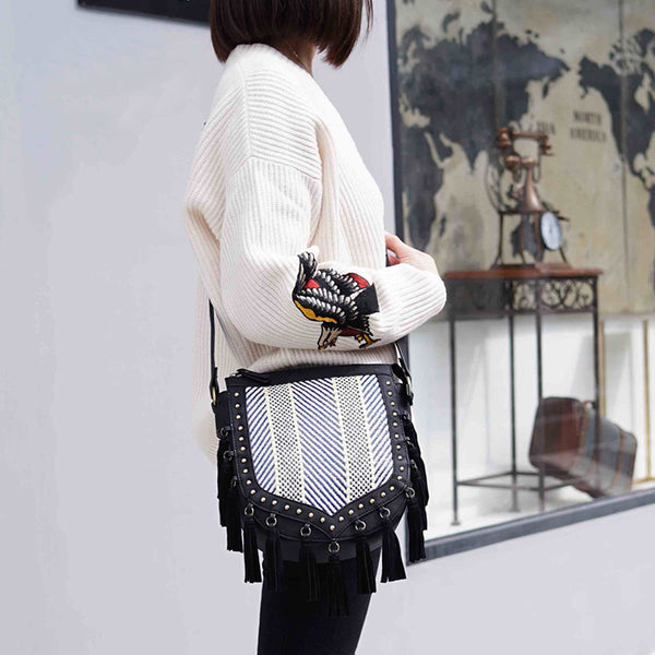 Western Womens Vegan Leather Black Fringe Crossbody Purse Hobo Bag For Women Beautiful