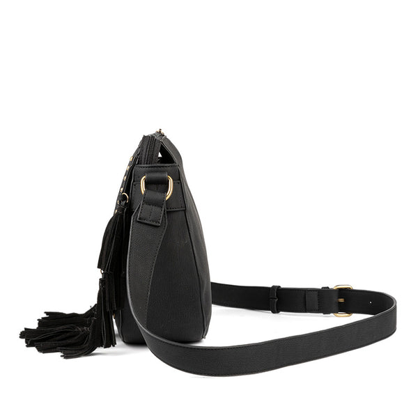 Western Womens Vegan Leather Black Fringe Crossbody Purse Hobo Bag For Women Black