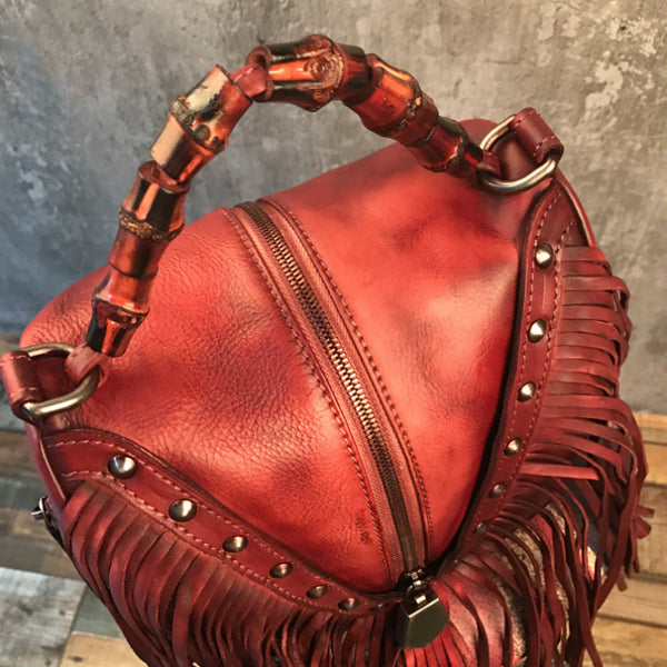 Black Leather Fringe Crossbody Purse For Women Vintage Boho Bags