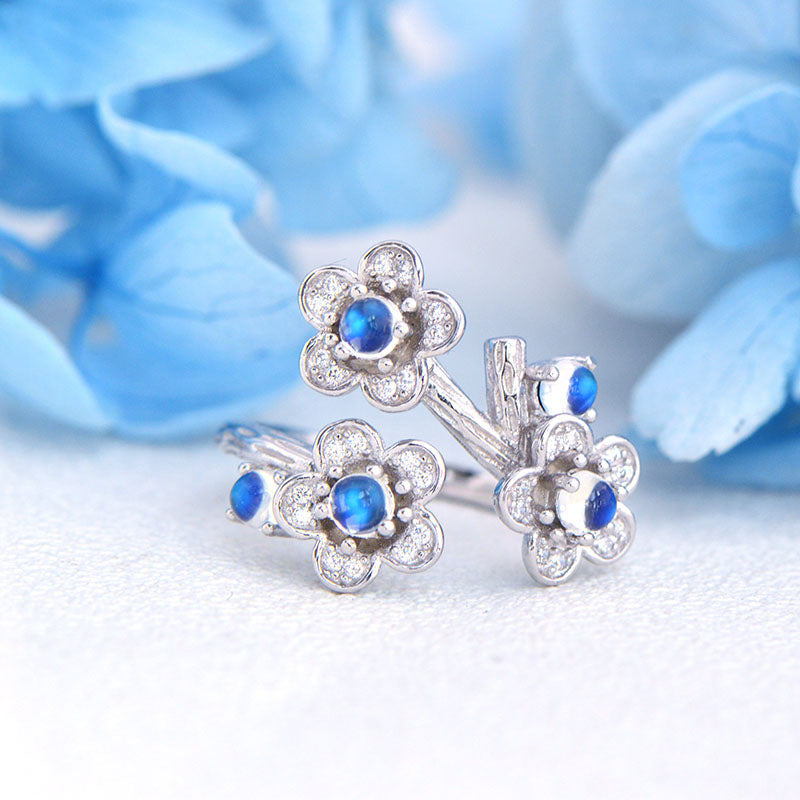 White Gold Plated Silver Blue Moonstone Ring June Birthstone Rings