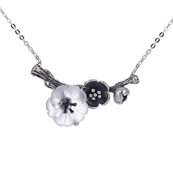 White Quartz Crystal Flower Pendant Necklace in Sterling Silver Handmade Jewelry For Women