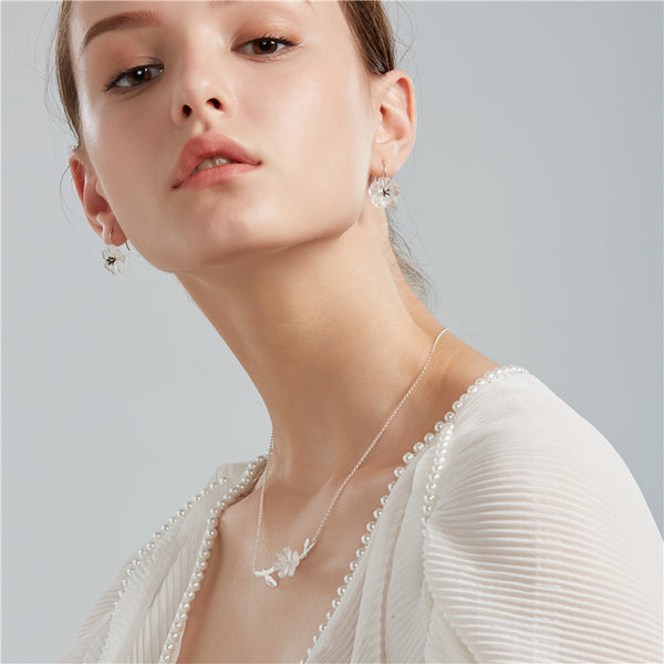 White Quartz Flower Pendant silver Necklace women