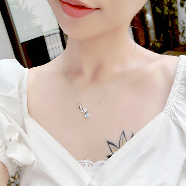 Wing Shaped Women Aquamarine Necklace White Gold Plated Silver March Birthstone Necklace For Women Cute