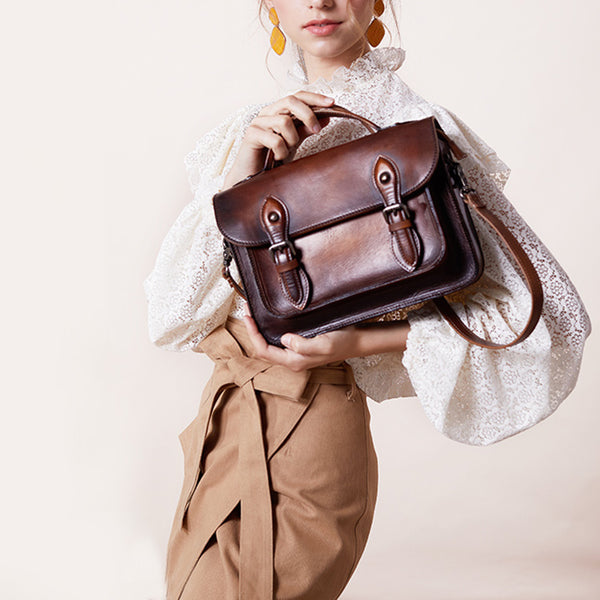 Women's Brown Leather Crossbody Satchel Purse Handbags Leather Messenger Bag for Women Designer