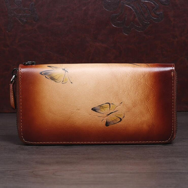 Women's Brushed Off Leather Billfold Wallet Zip Around Wallet With Orchid And Butterfly Pattern For Women