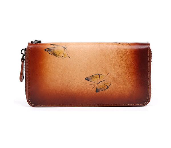 Women's Brushed Off Leather Billfold Wallet Zip Around Wallet With Orchid And Butterfly Pattern For Women Cowhide