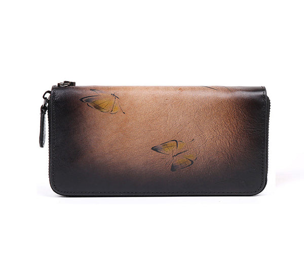 Women's Brushed Off Leather Billfold Wallet Zip Around Wallet With Orchid And Butterfly Pattern For Women Designer
