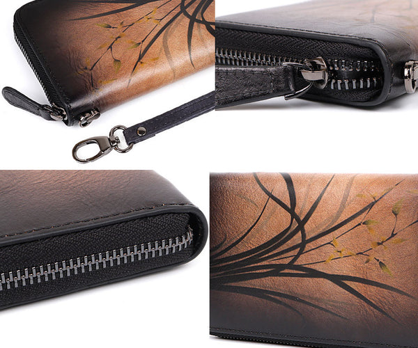 Women's Brushed Off Leather Billfold Wallet Zip Around Wallet With Orchid And Butterfly Pattern For Women Details