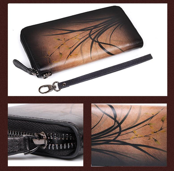 Women's Brushed Off Leather Billfold Wallet Zip Around Wallet With Orchid And Butterfly Pattern For Women Durable