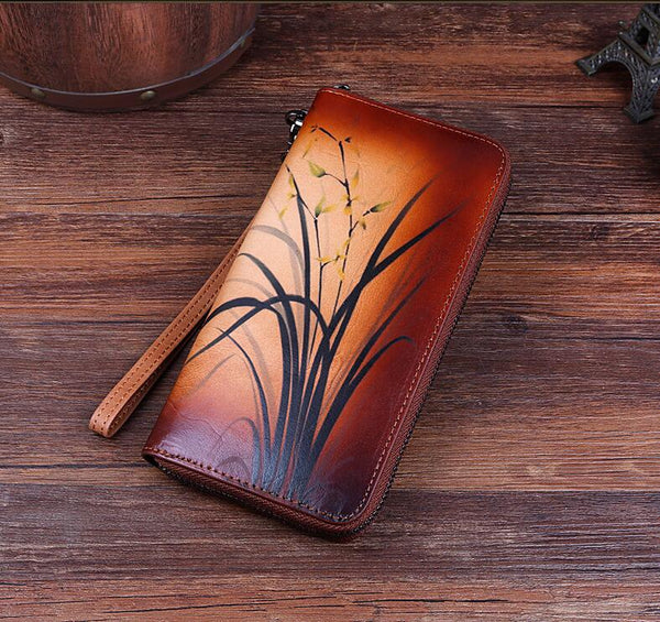 Women's Brushed Off Leather Billfold Wallet Zip Around Wallet With Orchid And Butterfly Pattern For Women Fashion