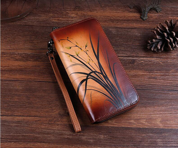 Women's Brushed Off Leather Billfold Wallet Zip Around Wallet With Orchid And Butterfly Pattern For Women Funky