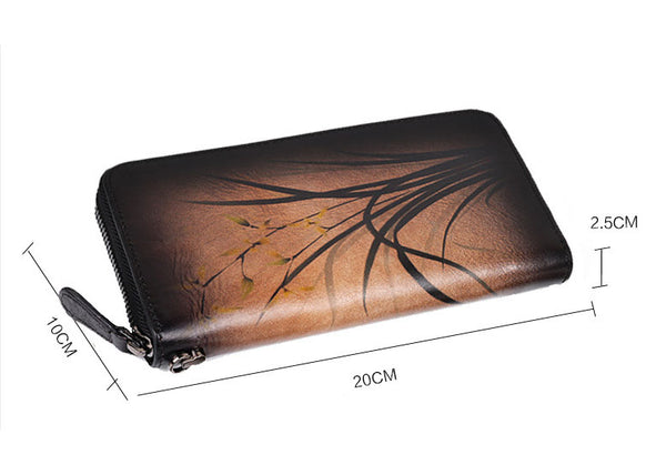 Women's Brushed Off Leather Billfold Wallet Zip Around Wallet With Orchid And Butterfly Pattern For Women Genuine Leather