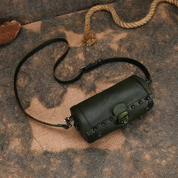 Women's Cylindric Bag Genuine Leather Shoulder Bags Aesthetic