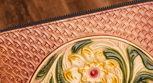 Women's Designer Embossed Leather Wallets On Sale Zip Around Wallet With Card Holders For Women Brown