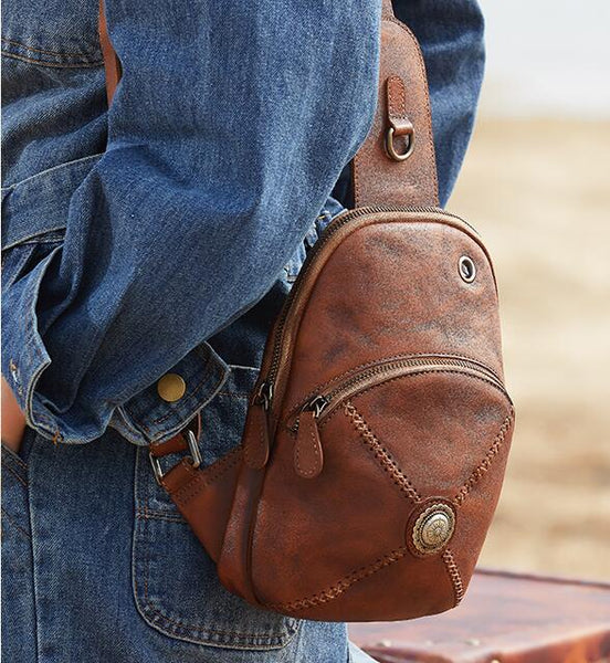 Women's Designer Leather Sling Bag Purse Chest Pack Bag For Women Brown