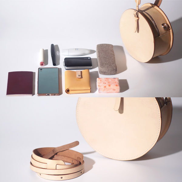 Women's Leather Circle Crossbody Bag Round Purse for Women Genuine Leather