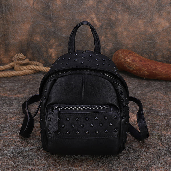 Women's Mini Leather Backpack Purse With Rivets Leather Rucksack For Women
