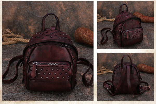 Women's Mini Leather Backpack Purse With Rivets Leather Rucksack For Women Casual