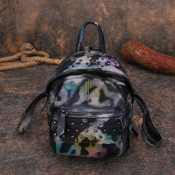 Women's Mini Leather Backpack Purse With Rivets Leather Rucksack For Women Cool