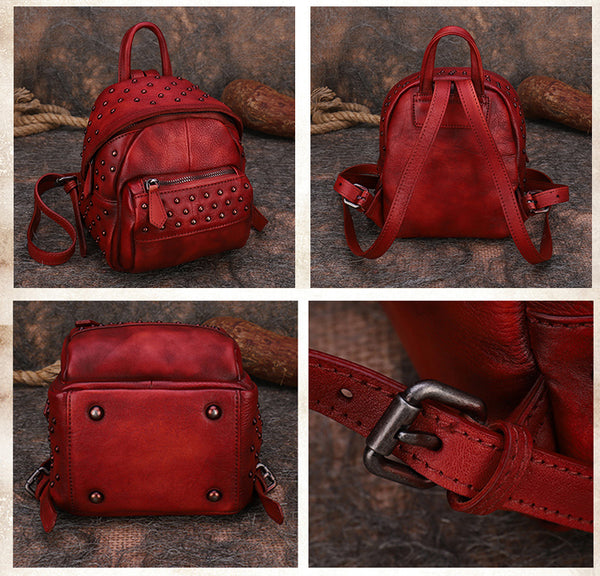 Women's Mini Leather Backpack Purse With Rivets Leather Rucksack For Women Details
