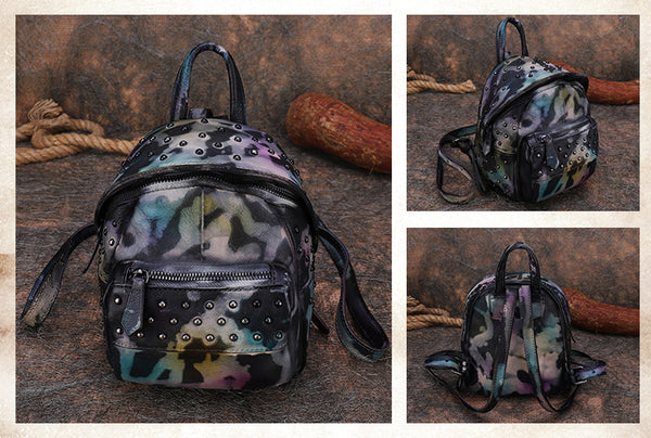 Women's Mini Leather Backpack Purse With Rivets Leather Rucksack For Women Durable