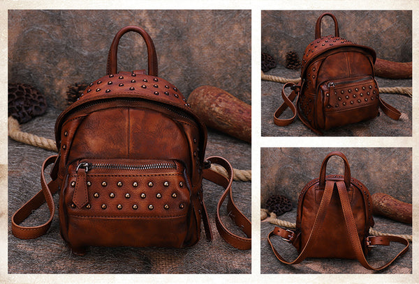 Women's Mini Leather Backpack Purse With Rivets Leather Rucksack For Women Fashion